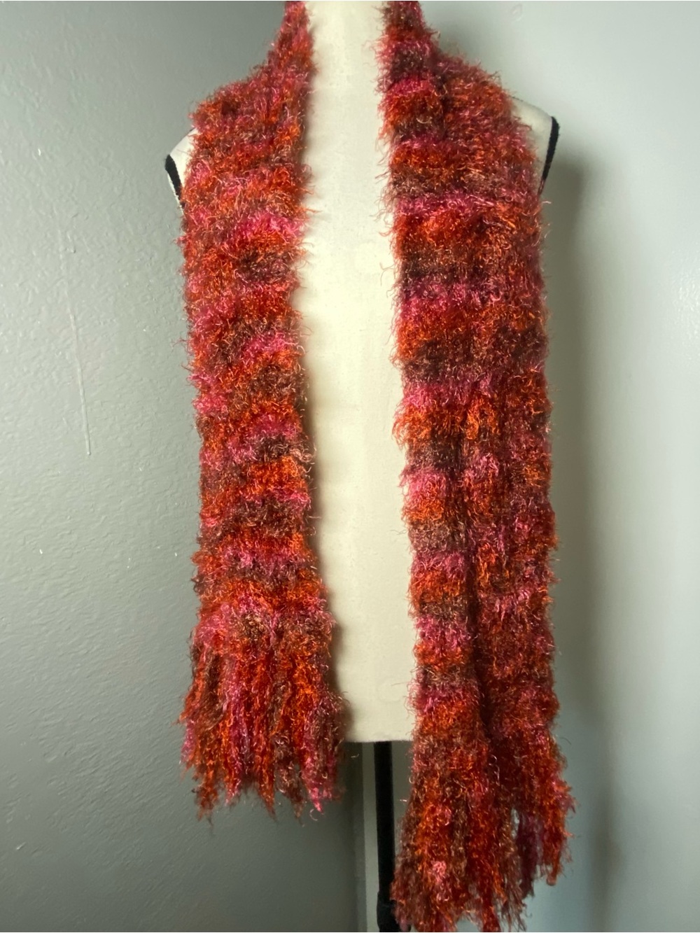 Y2K Orange & Pink Stripe Fuzzy Fringe Scarf
